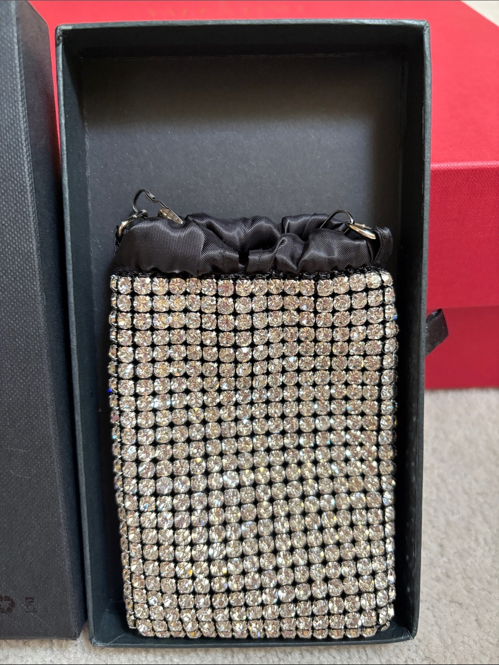 Satin-Trim Black Crystal Mesh Wristlet Clutch